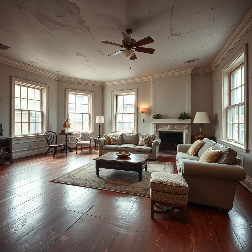 Living room — ceiling and floor damage